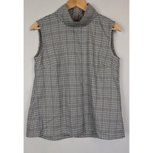BURU Funnel Neck Sleeveless Plaid Blouse with Back Button Detail Brown S